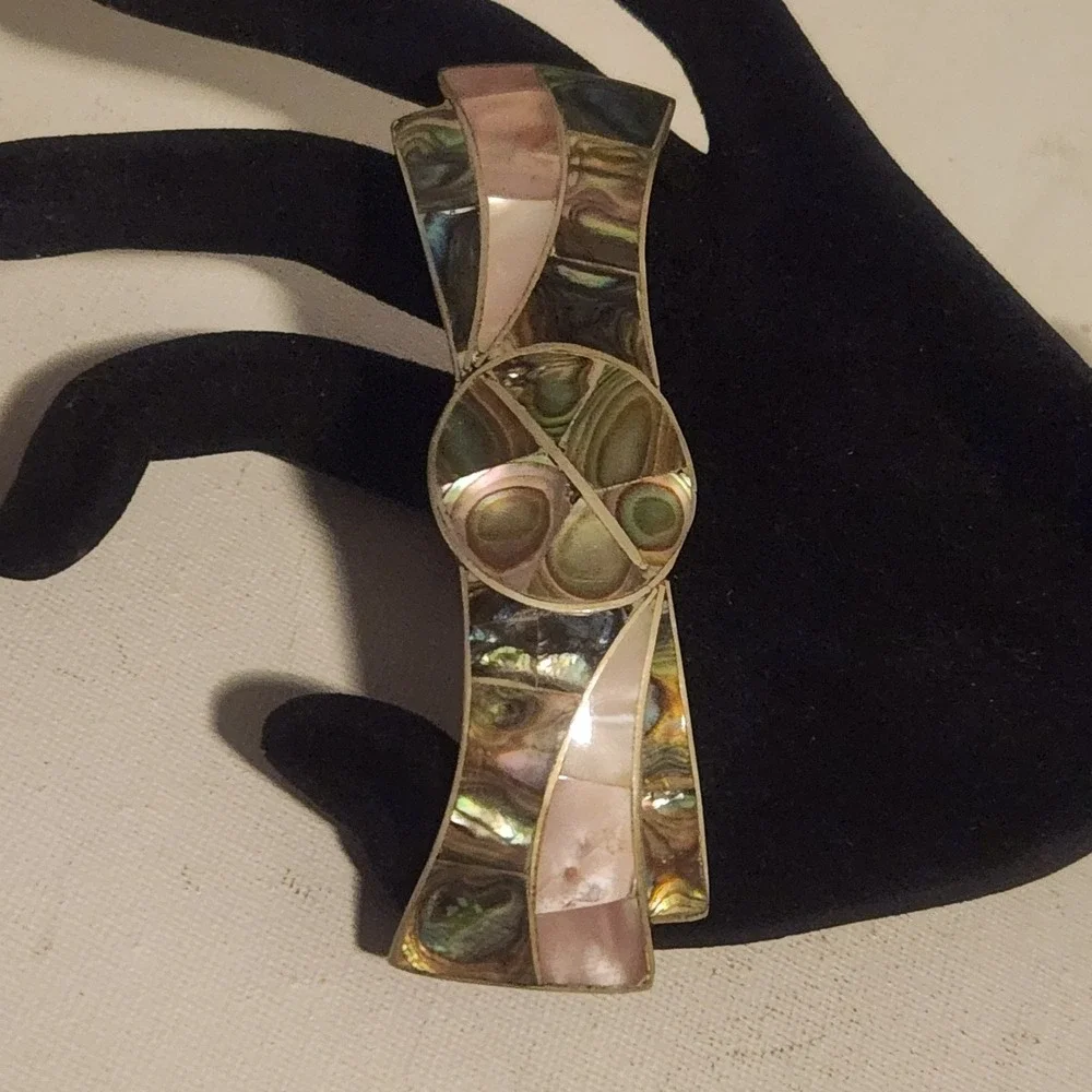 Vintage Alpaca Mexico Abalone Mother of Pearl Inlay Bow Hair Barrette Clip 3.5in